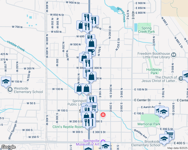 map of restaurants, bars, coffee shops, grocery stores, and more near 206 North Main Street in Springville