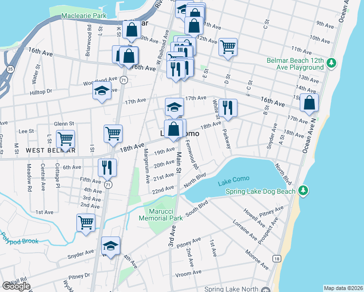 map of restaurants, bars, coffee shops, grocery stores, and more near 1818 Fernwood Road in Belmar