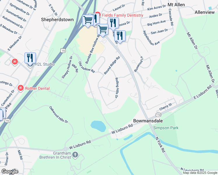 map of restaurants, bars, coffee shops, grocery stores, and more near 2402 Deerview Drive in Mechanicsburg