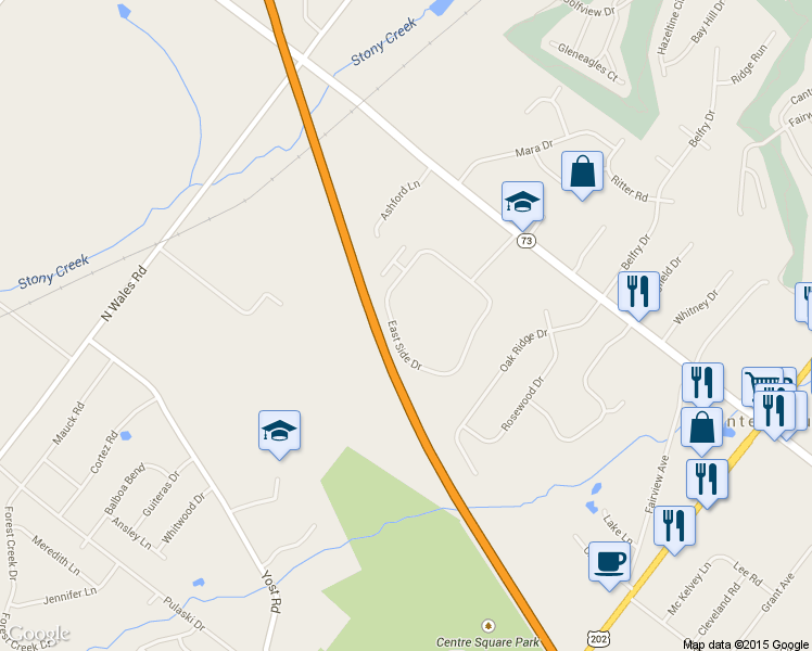 map of restaurants, bars, coffee shops, grocery stores, and more near 1104 Whitpain Hills in Blue Bell