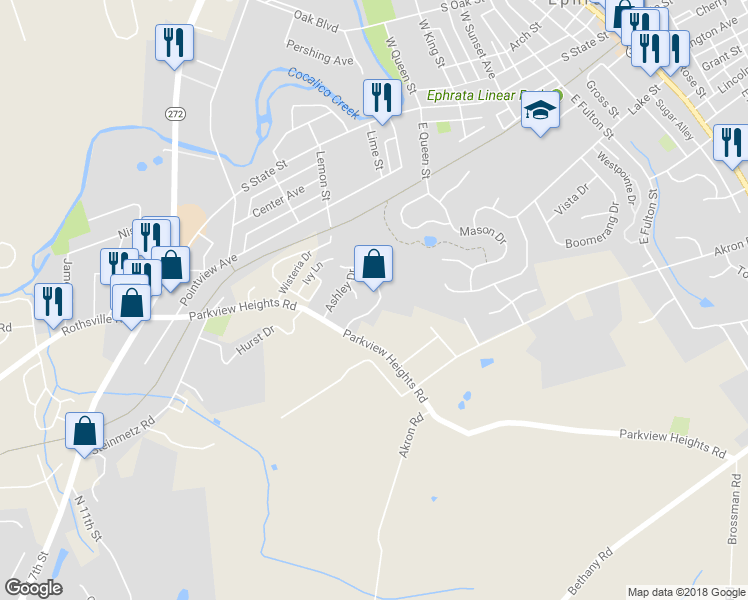 map of restaurants, bars, coffee shops, grocery stores, and more near 200 Heatherwood Drive in Ephrata