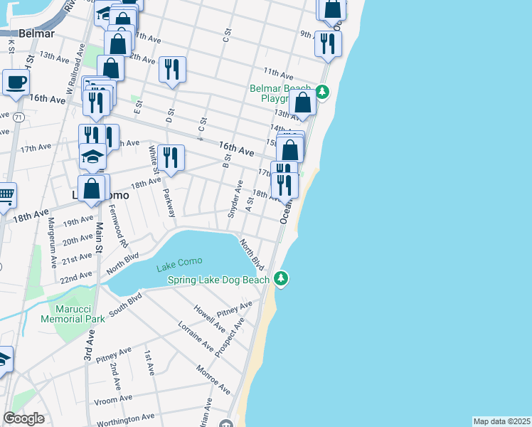 map of restaurants, bars, coffee shops, grocery stores, and more near 110 19th Avenue in Belmar