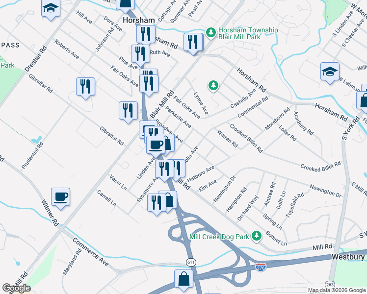 map of restaurants, bars, coffee shops, grocery stores, and more near 2508 Broadway Avenue in Hatboro