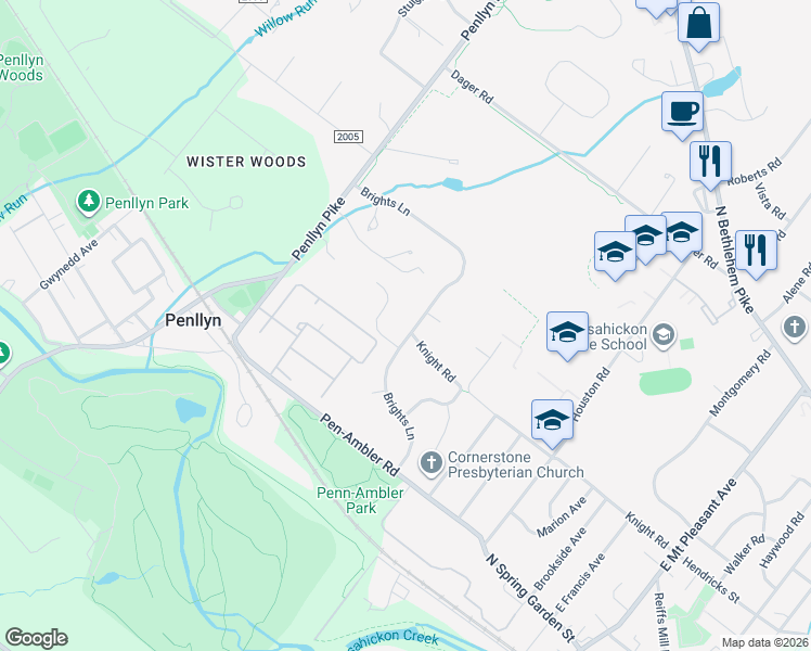 map of restaurants, bars, coffee shops, grocery stores, and more near 505 Brights Lane in Penllyn