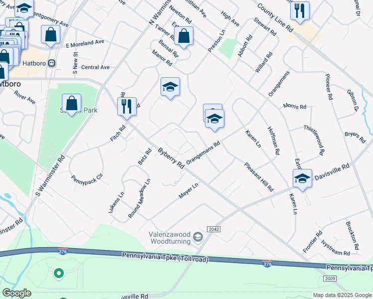 map of restaurants, bars, coffee shops, grocery stores, and more near 3914 Springhouse Drive in Hatboro