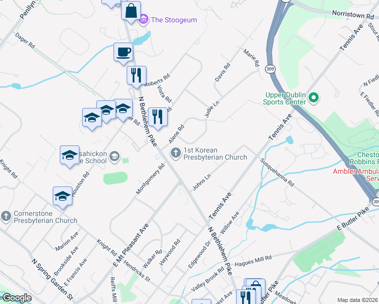 map of restaurants, bars, coffee shops, grocery stores, and more near 708 Judie Lane in Spring House