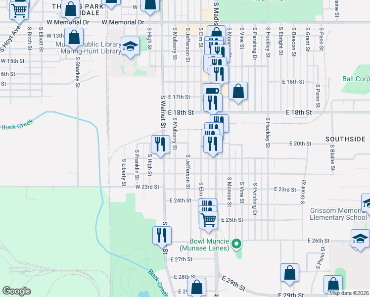 map of restaurants, bars, coffee shops, grocery stores, and more near 2715 S Jefferson St in Muncie