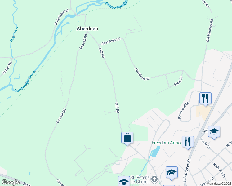 map of restaurants, bars, coffee shops, grocery stores, and more near 1753 Mill Road in Elizabethtown