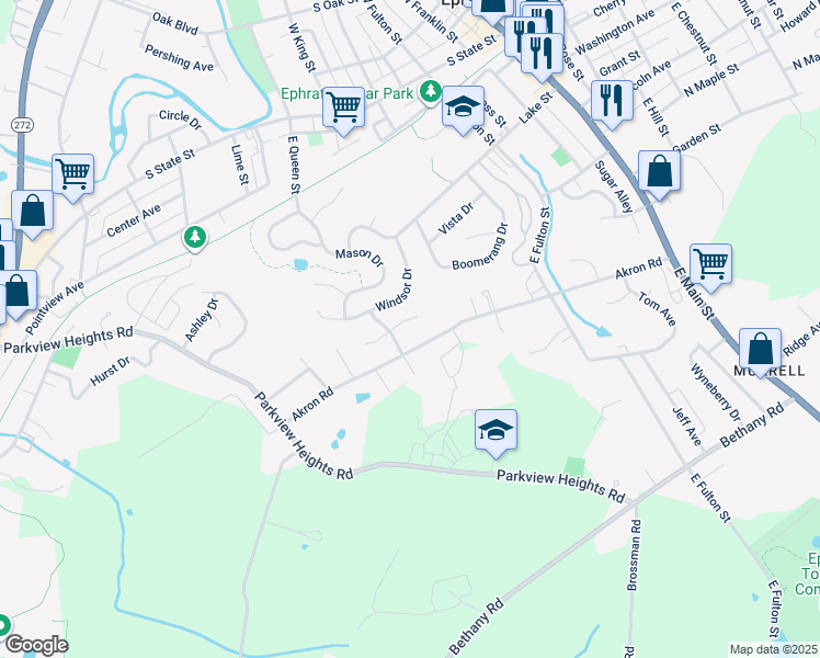 map of restaurants, bars, coffee shops, grocery stores, and more near 161 Glen Court in Ephrata