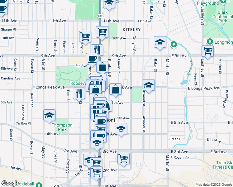 map of restaurants, bars, coffee shops, grocery stores, and more near 625 Emery Street in Longmont