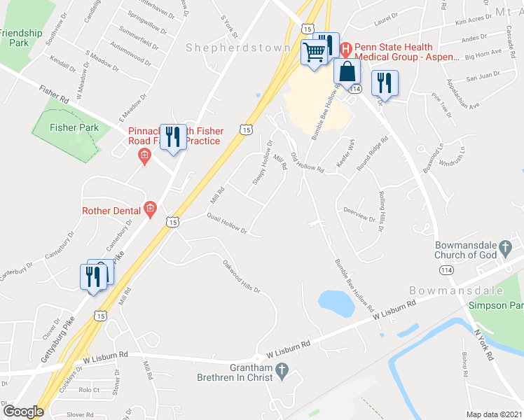 map of restaurants, bars, coffee shops, grocery stores, and more near 2270 Mill Road in Mechanicsburg