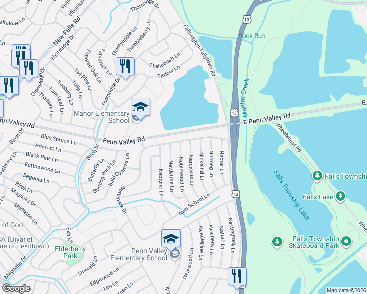 map of restaurants, bars, coffee shops, grocery stores, and more near 70 Noblewood Lane in Levittown