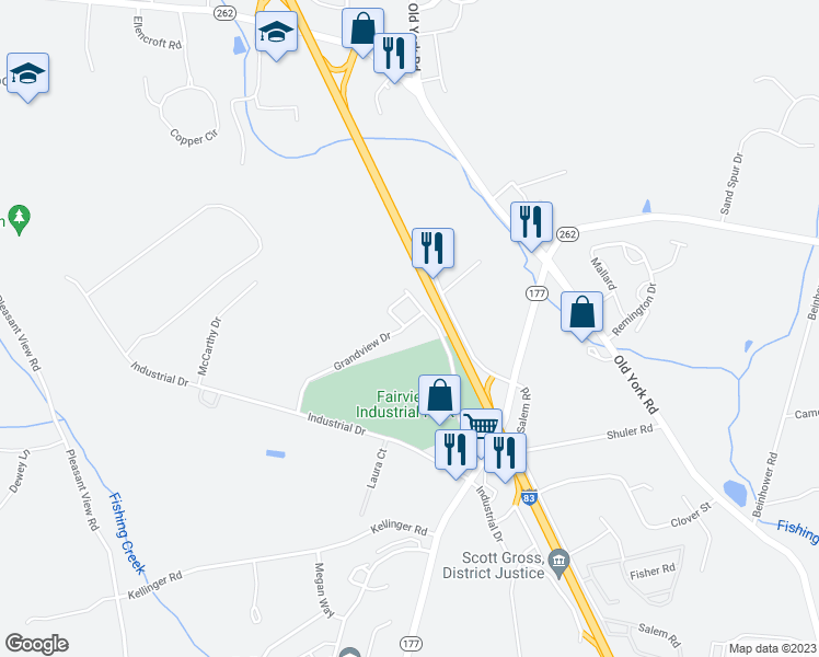 map of restaurants, bars, coffee shops, grocery stores, and more near 512 Grandview Drive in Lewisberry