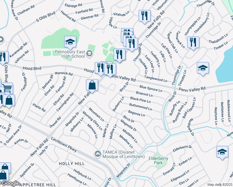map of restaurants, bars, coffee shops, grocery stores, and more near 30 Birch Drive in Levittown