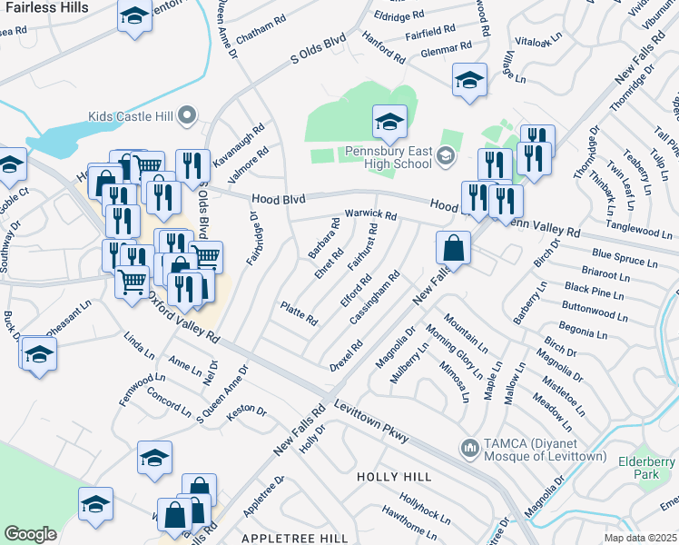 map of restaurants, bars, coffee shops, grocery stores, and more near 519 Fairhurst Road in Fairless Hills