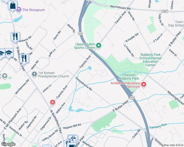 map of restaurants, bars, coffee shops, grocery stores, and more near 303 Cherokee Circle in Ambler