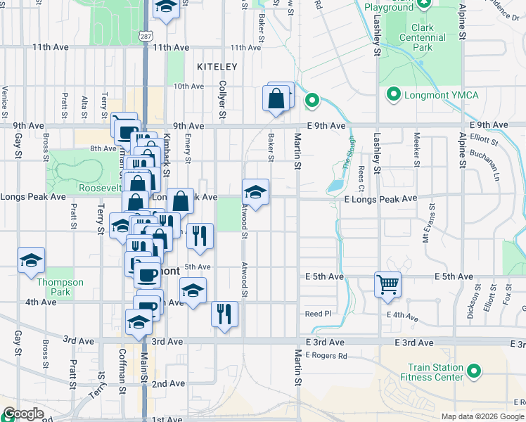 map of restaurants, bars, coffee shops, grocery stores, and more near 111 Longs Peak Avenue in Longmont