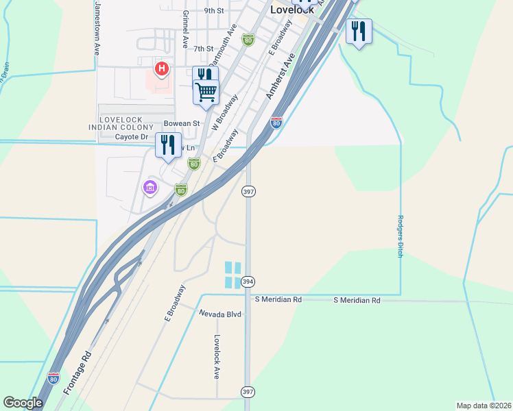 map of restaurants, bars, coffee shops, grocery stores, and more near 650 South Meridian Road in Lovelock