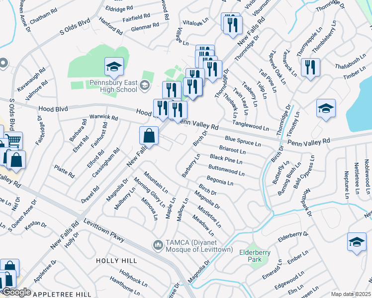 map of restaurants, bars, coffee shops, grocery stores, and more near 30 Birch Drive in Levittown