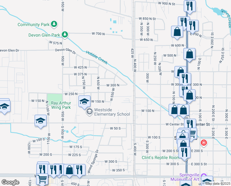 map of restaurants, bars, coffee shops, grocery stores, and more near 242 North 550 West in Springville