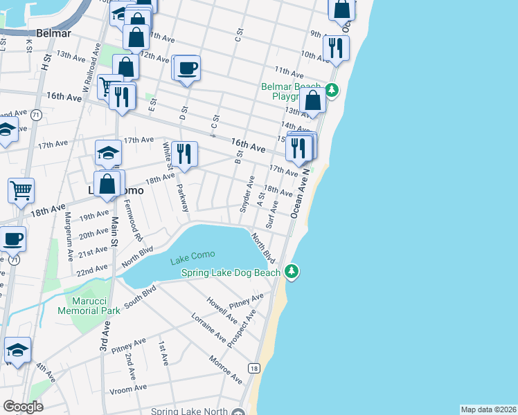 map of restaurants, bars, coffee shops, grocery stores, and more near A St & 19th Ave in Belmar