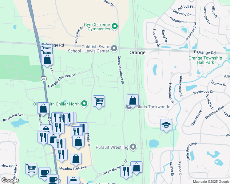 map of restaurants, bars, coffee shops, grocery stores, and more near 784 Spring Valley Dr in Lewis Center