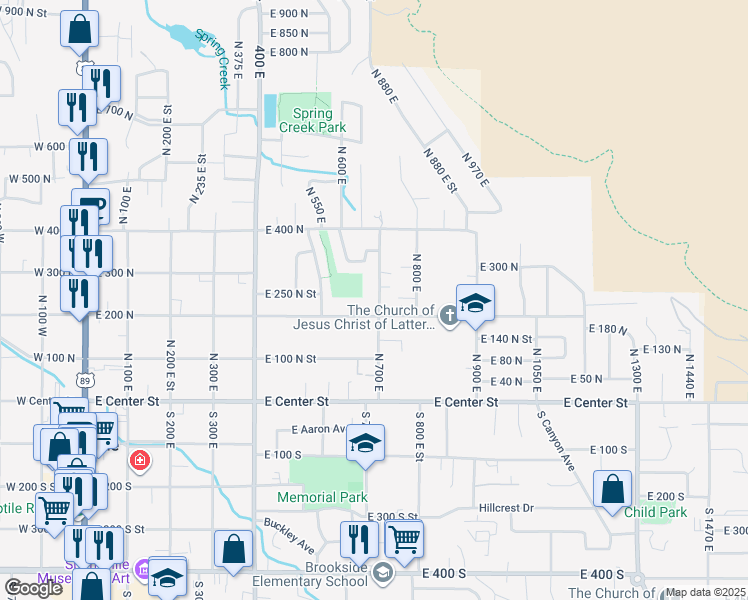 map of restaurants, bars, coffee shops, grocery stores, and more near 235 North 700 East in Springville