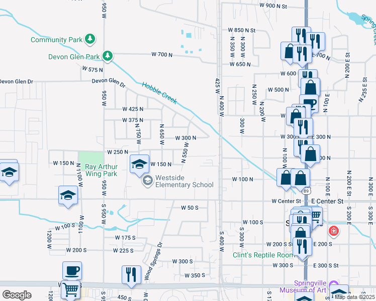 map of restaurants, bars, coffee shops, grocery stores, and more near 247 North 550 West in Springville