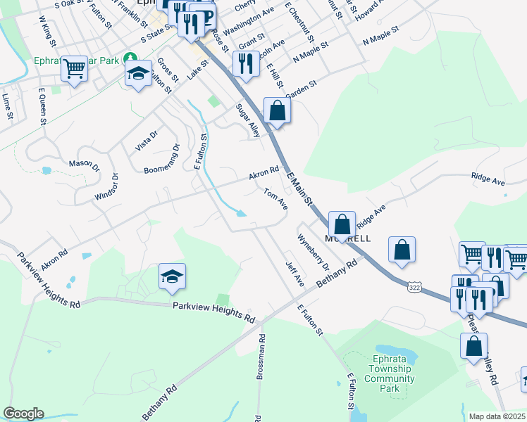map of restaurants, bars, coffee shops, grocery stores, and more near 124 Julie Ann Court in Ephrata