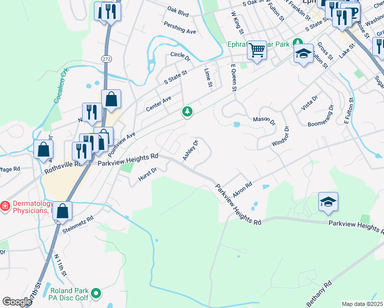 map of restaurants, bars, coffee shops, grocery stores, and more near 129 Ashley Drive in Ephrata