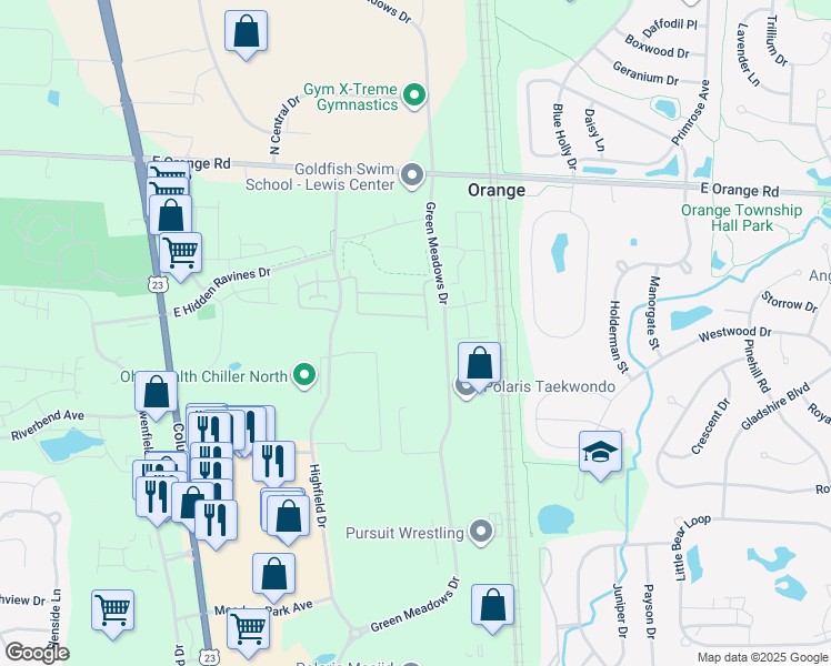 map of restaurants, bars, coffee shops, grocery stores, and more near 784 Spring Valley Drive in Lewis Center