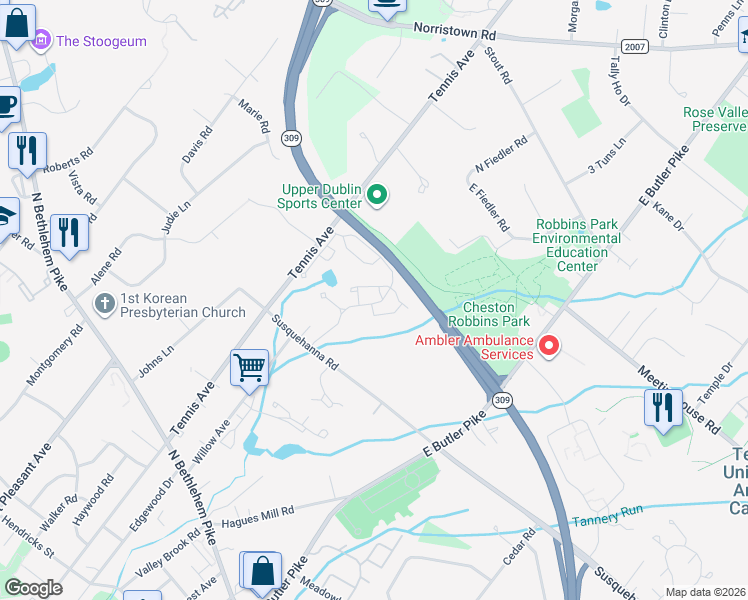 map of restaurants, bars, coffee shops, grocery stores, and more near 1200 Algonquin Pass in Ambler