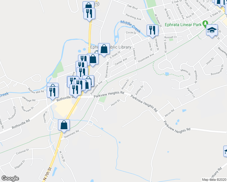 map of restaurants, bars, coffee shops, grocery stores, and more near 6 Parkview Terrace in Ephrata