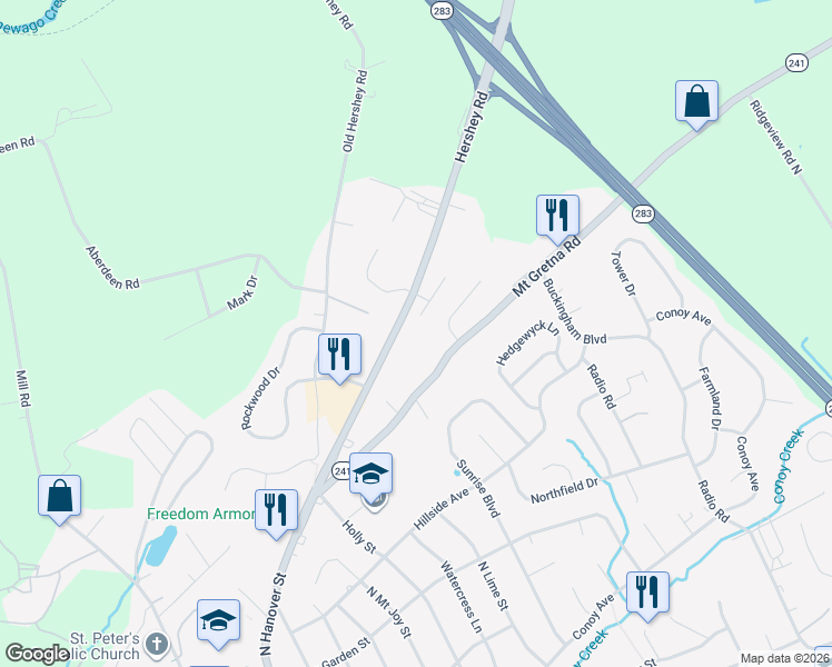 map of restaurants, bars, coffee shops, grocery stores, and more near 218 Hershey Road in Elizabethtown