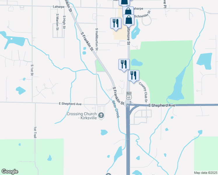 map of restaurants, bars, coffee shops, grocery stores, and more near 2702 South Franklin Street in Kirksville