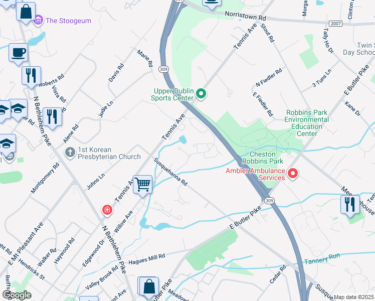 map of restaurants, bars, coffee shops, grocery stores, and more near 303 Cherokee Circle in Ambler