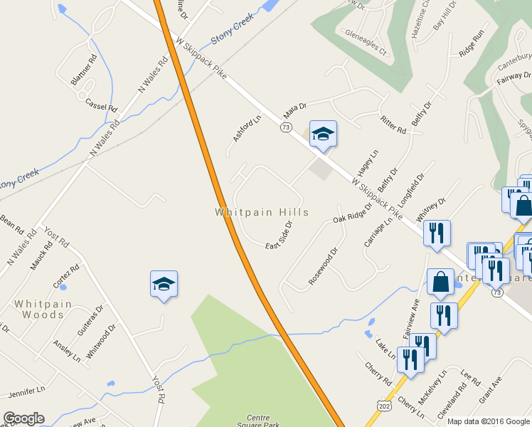 map of restaurants, bars, coffee shops, grocery stores, and more near 1412 Whitpain Hills in Blue Bell