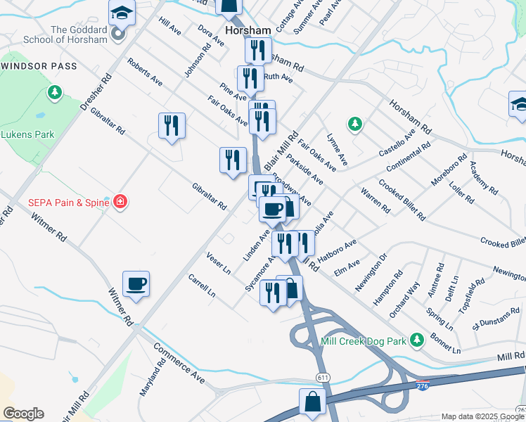map of restaurants, bars, coffee shops, grocery stores, and more near 2720 Easton Road in Willow Grove