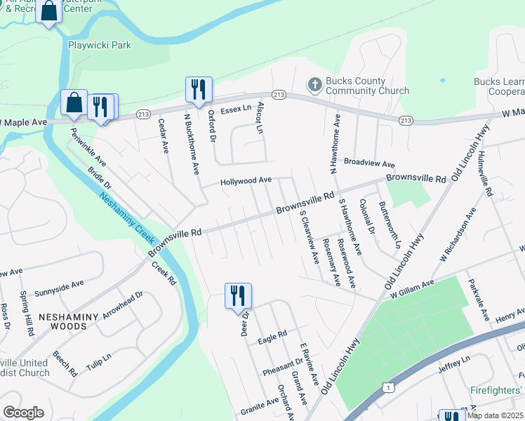 map of restaurants, bars, coffee shops, grocery stores, and more near 1455 Brownsville Road in Langhorne