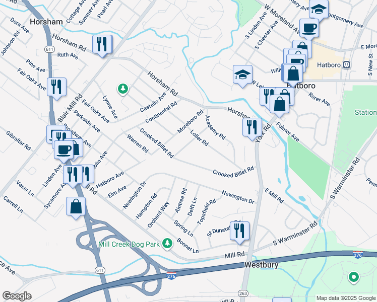 map of restaurants, bars, coffee shops, grocery stores, and more near 523 Windover Road in Hatboro