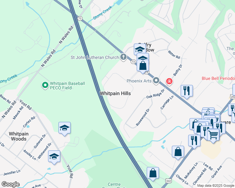 map of restaurants, bars, coffee shops, grocery stores, and more near 1412 Whitpain Hills in Blue Bell