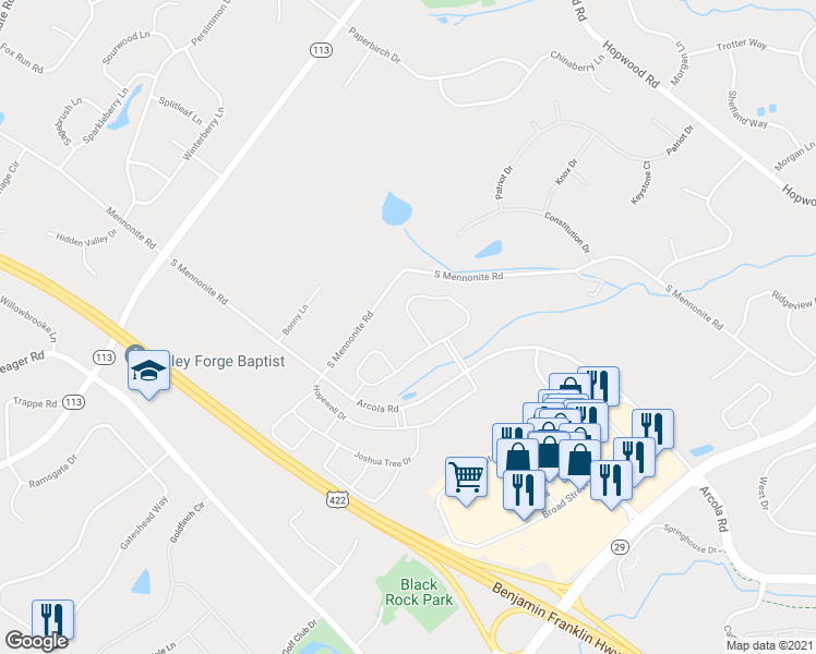 map of restaurants, bars, coffee shops, grocery stores, and more near 16 Iron Bridge Drive in Collegeville