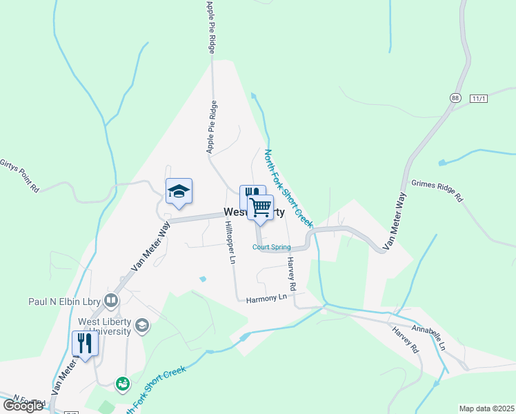 map of restaurants, bars, coffee shops, grocery stores, and more near 12 Apple Pie Ridge in West Liberty