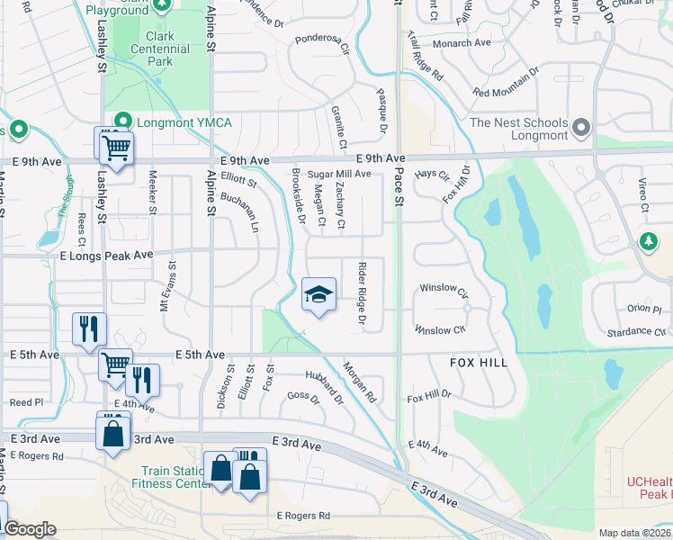 map of restaurants, bars, coffee shops, grocery stores, and more near 631 Silver Star Court in Longmont