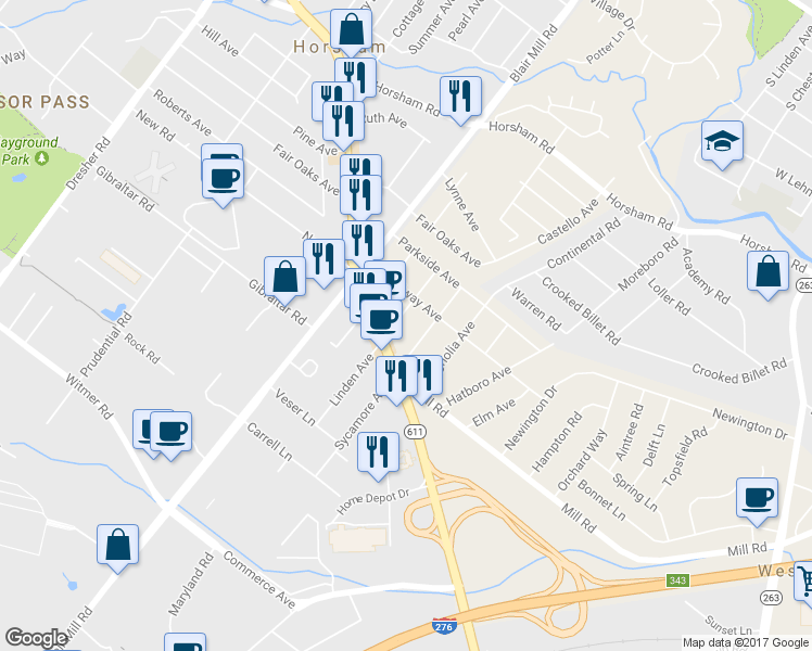 map of restaurants, bars, coffee shops, grocery stores, and more near 1625 Linden Ave in Hatboro