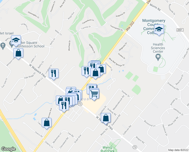 map of restaurants, bars, coffee shops, grocery stores, and more near 694 Dekalb Pike in Blue Bell