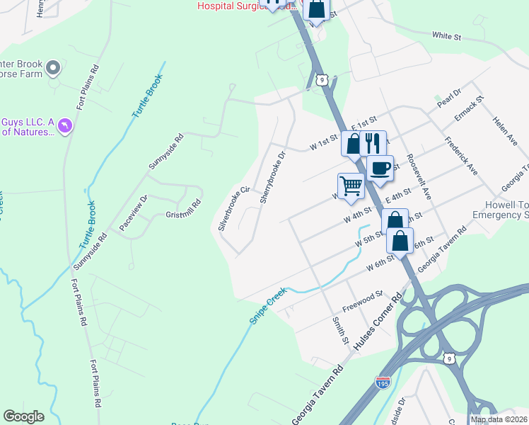 map of restaurants, bars, coffee shops, grocery stores, and more near 49 Sherrybrooke Drive in Howell Township