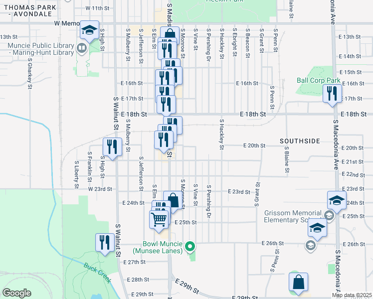map of restaurants, bars, coffee shops, grocery stores, and more near 2702 S Monroe St in Muncie