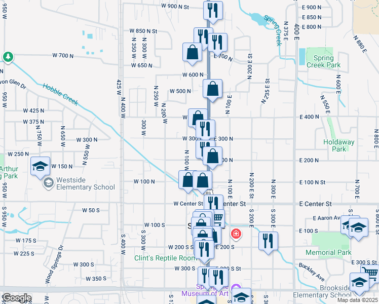 map of restaurants, bars, coffee shops, grocery stores, and more near 224 North 100 West in Springville