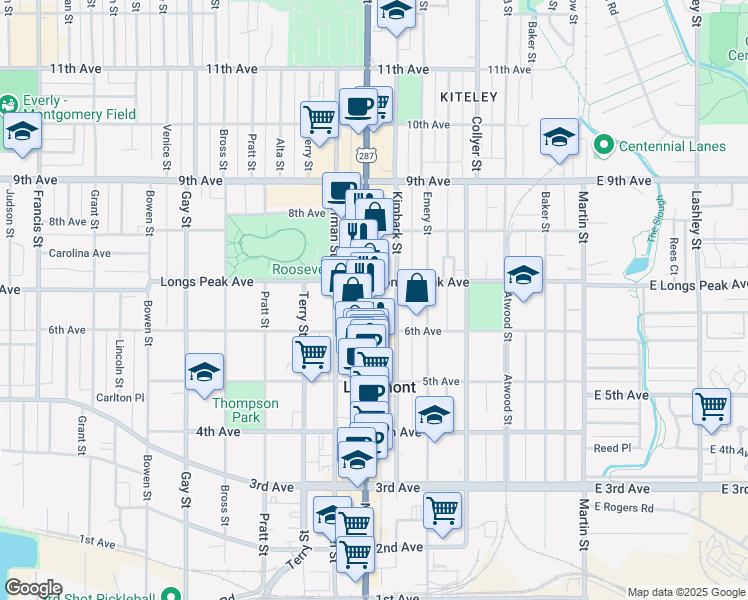 map of restaurants, bars, coffee shops, grocery stores, and more near 624 Main Street in Longmont